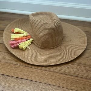 August Hats Tan Wide Brim Hat with Colorful Tassels